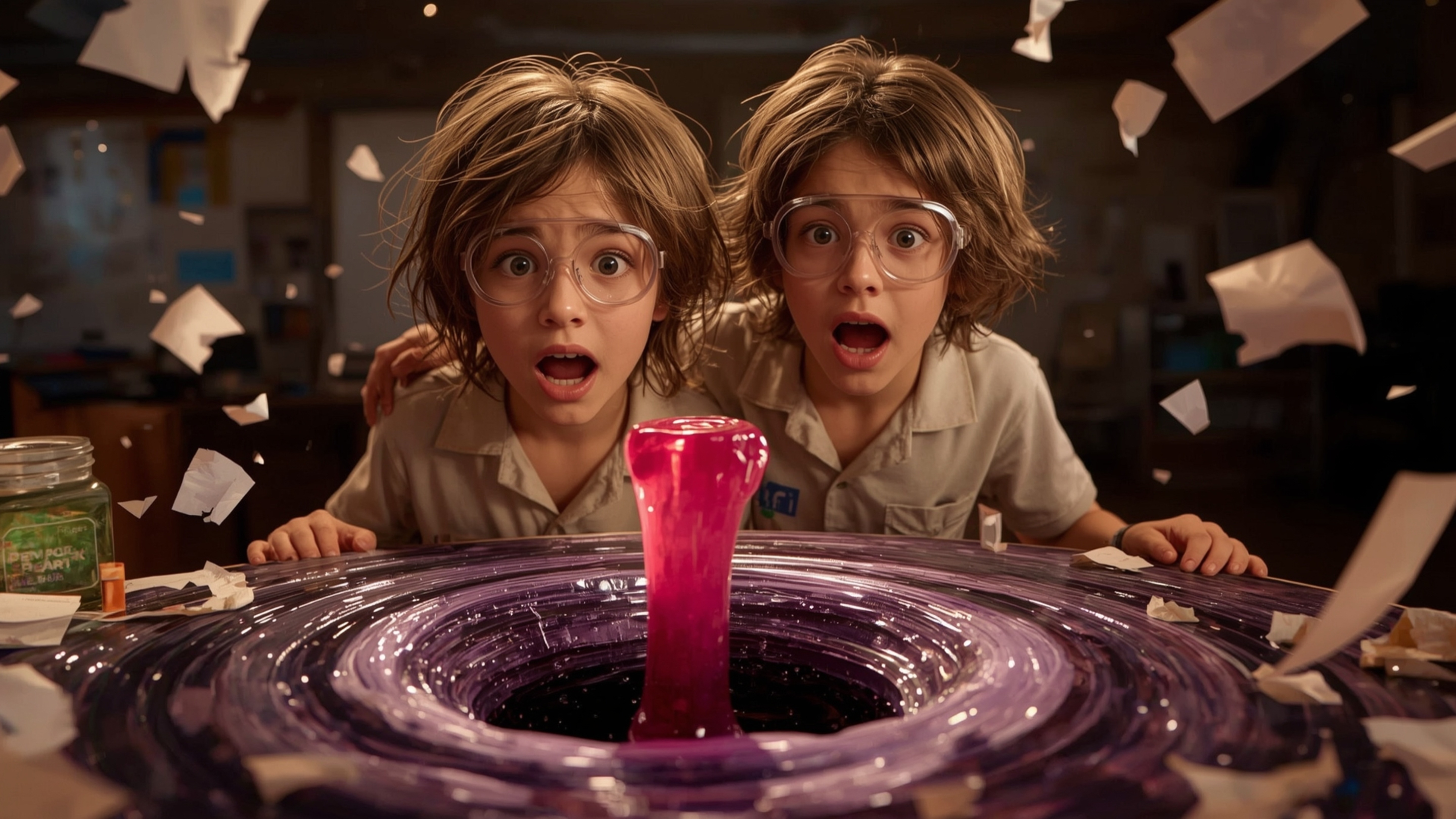 In a vibrant, cinematic photograph with a nostalgic, Pixar-inspired aesthetic, a dynamic duo of enthusiastic pre-teen science