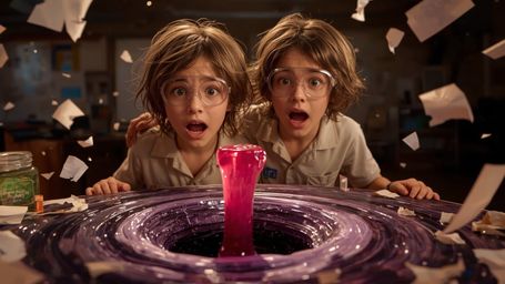 In a vibrant, cinematic photograph with a nostalgic, Pixar-inspired aesthetic, a dynamic duo of enthusiastic pre-teen science