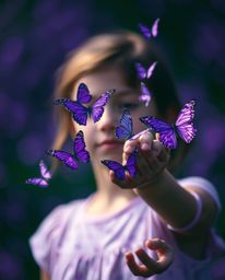 A captivating image featuring a girl releasing butterflies against a backdrop of deep ultraviolet hues and a soft, blurred bo