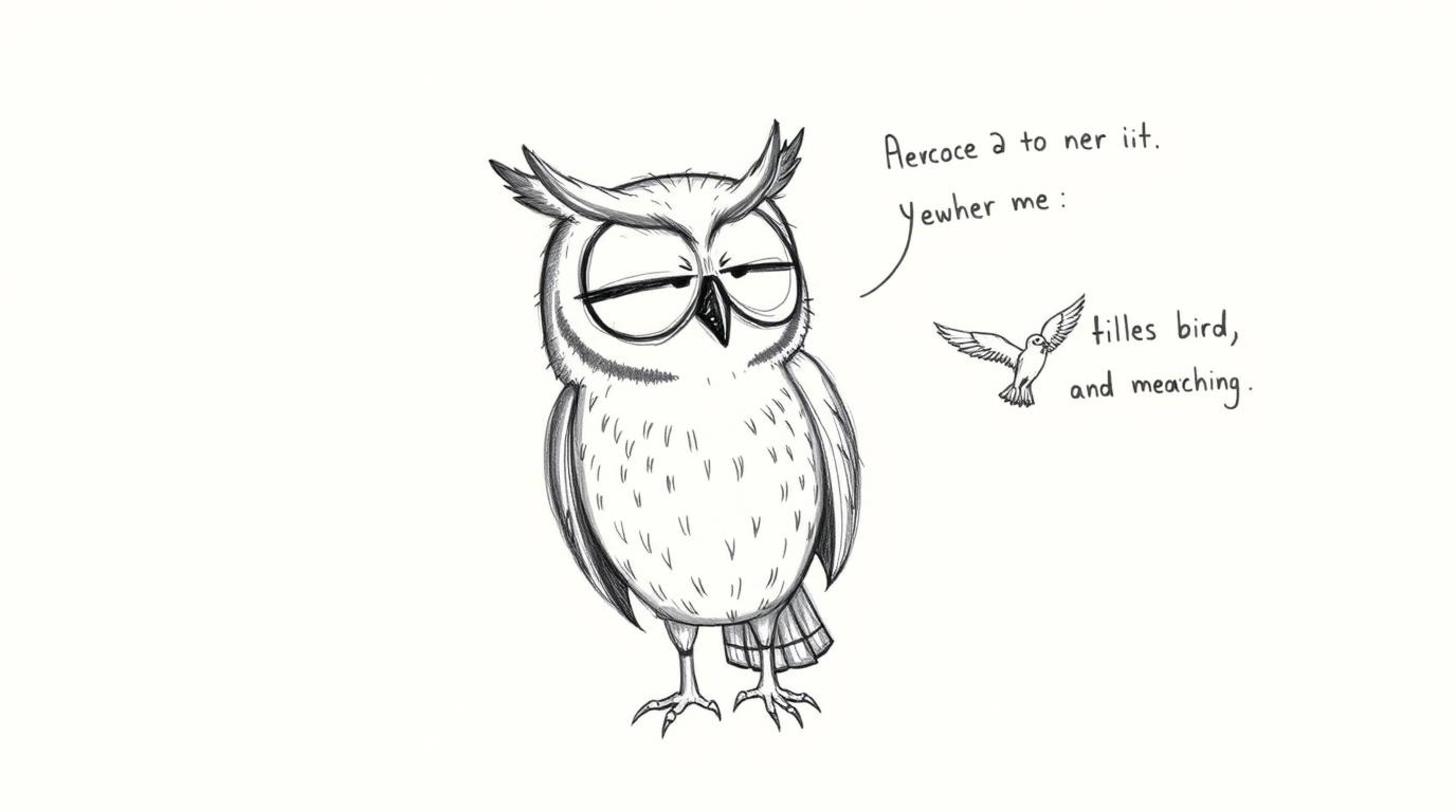 A heartwarming hand-drawn sketch reminiscent of Pixar's style, featuring a visually impaired owl with textured pencil strokes