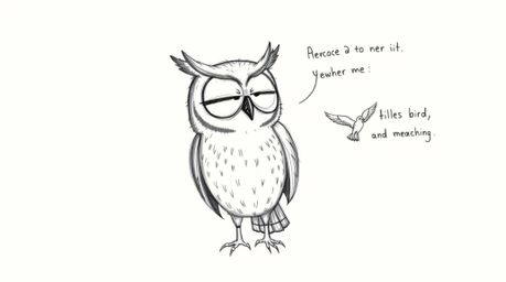 A heartwarming hand-drawn sketch reminiscent of Pixar's style, featuring a visually impaired owl with textured pencil strokes