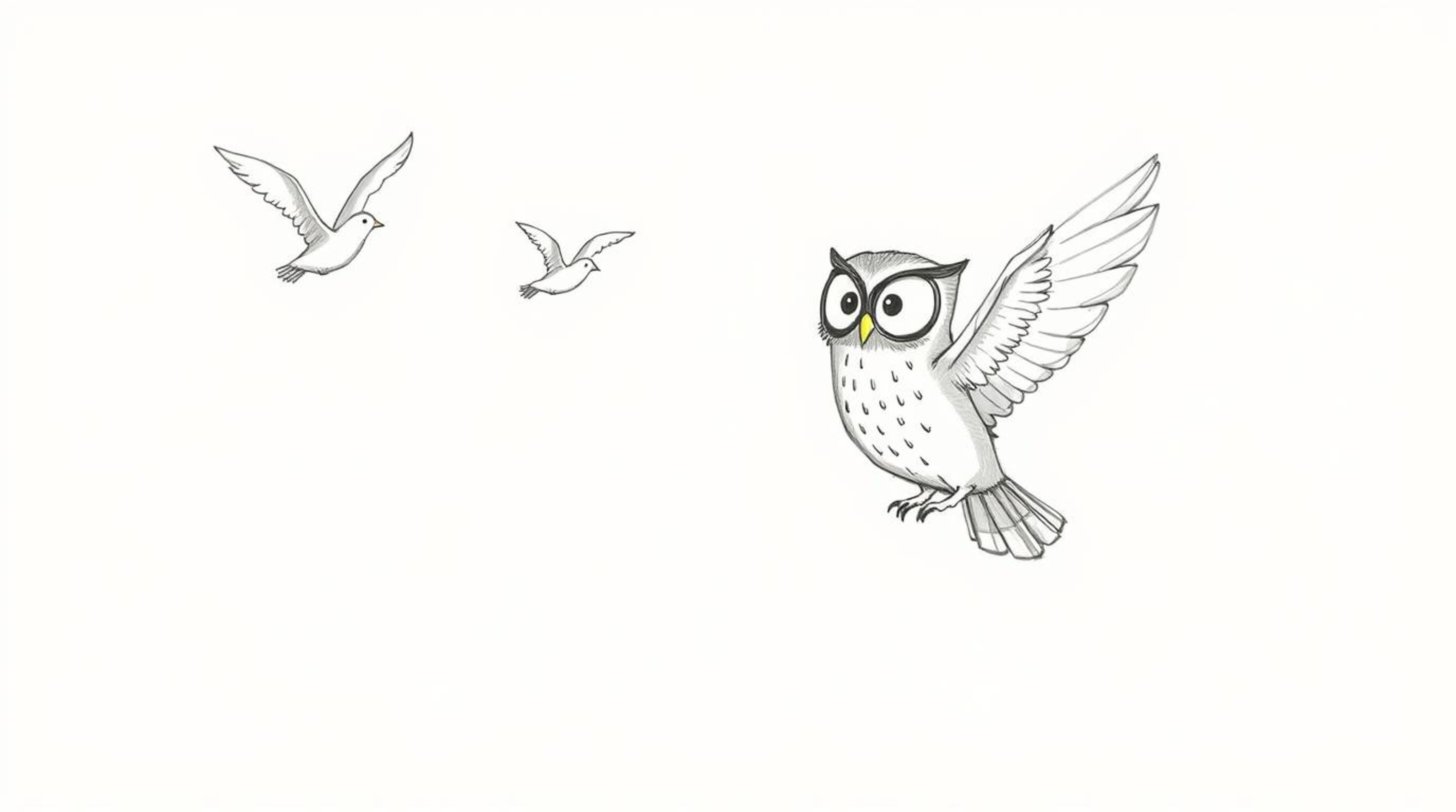A charming hand-drawn sketch, reminiscent of Pixar animation, depicts a blind owl gently guiding birds in flight.  The illust