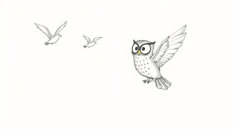 A charming hand-drawn sketch, reminiscent of Pixar animation, depicts a blind owl gently guiding birds in flight.  The illust