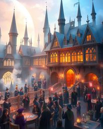 Explore a magical school teeming with young wizards, characterized by its distinct sections, mystic enchanting environment, g
