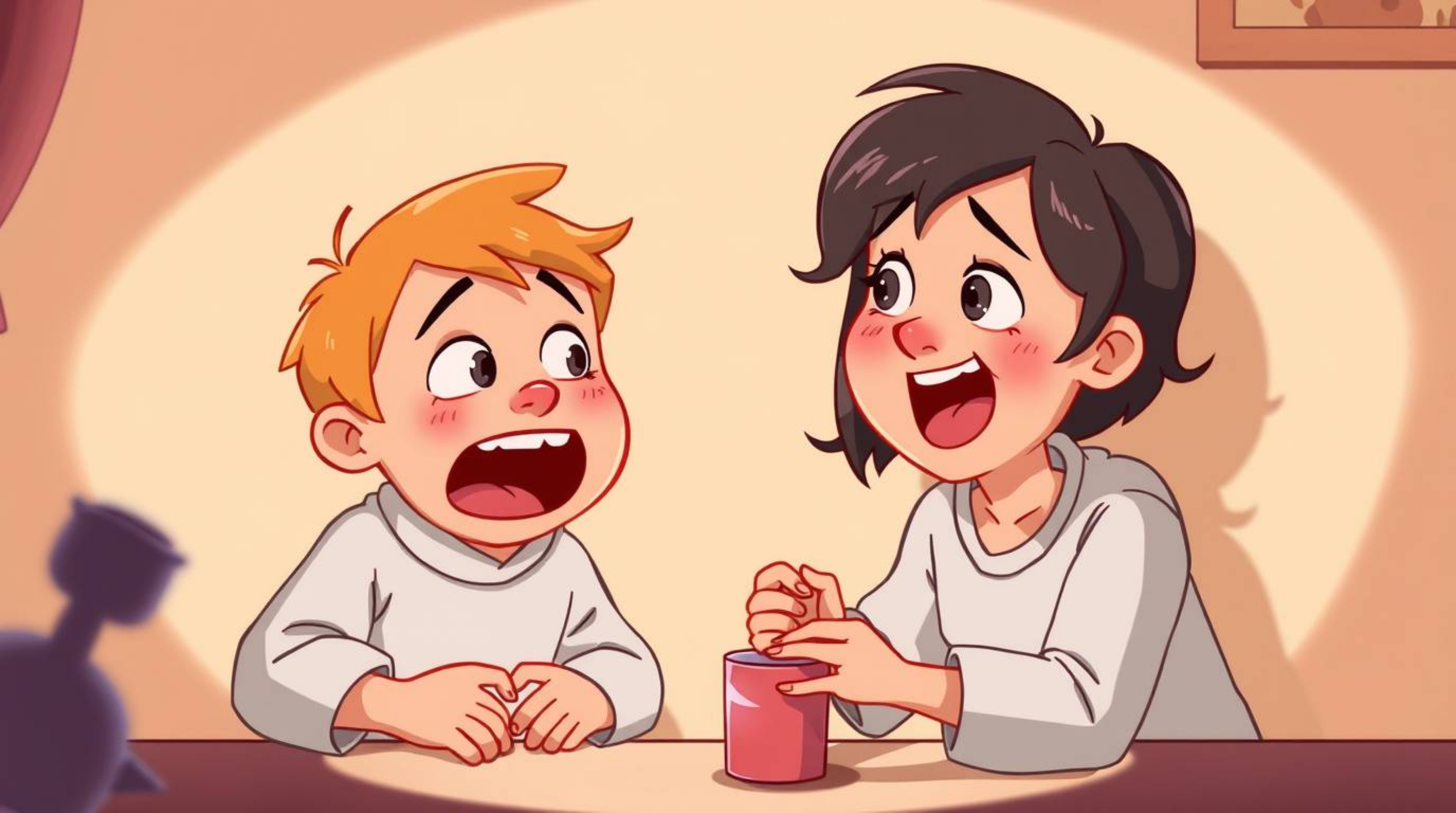 A gently lit scene capturing an adorable and charming gross-out comedy moment, featuring characters with exaggerated expressi