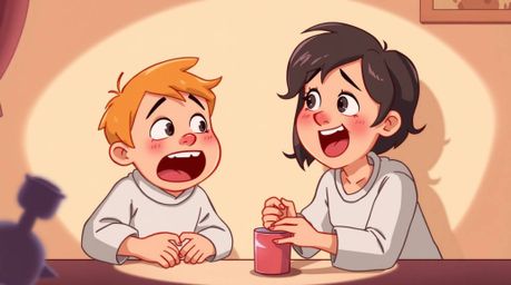 A gently lit scene capturing an adorable and charming gross-out comedy moment, featuring characters with exaggerated expressi