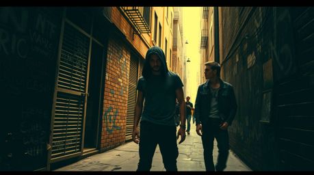 A dramatic, cinematic style photograph capturing the raw energy of rebellious teens in a grungy city alley.  The image boasts