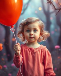 A captivating image of a fair-skinned child joyfully holding a balloon in a mystical, enchanting setting.  The scene is vibra