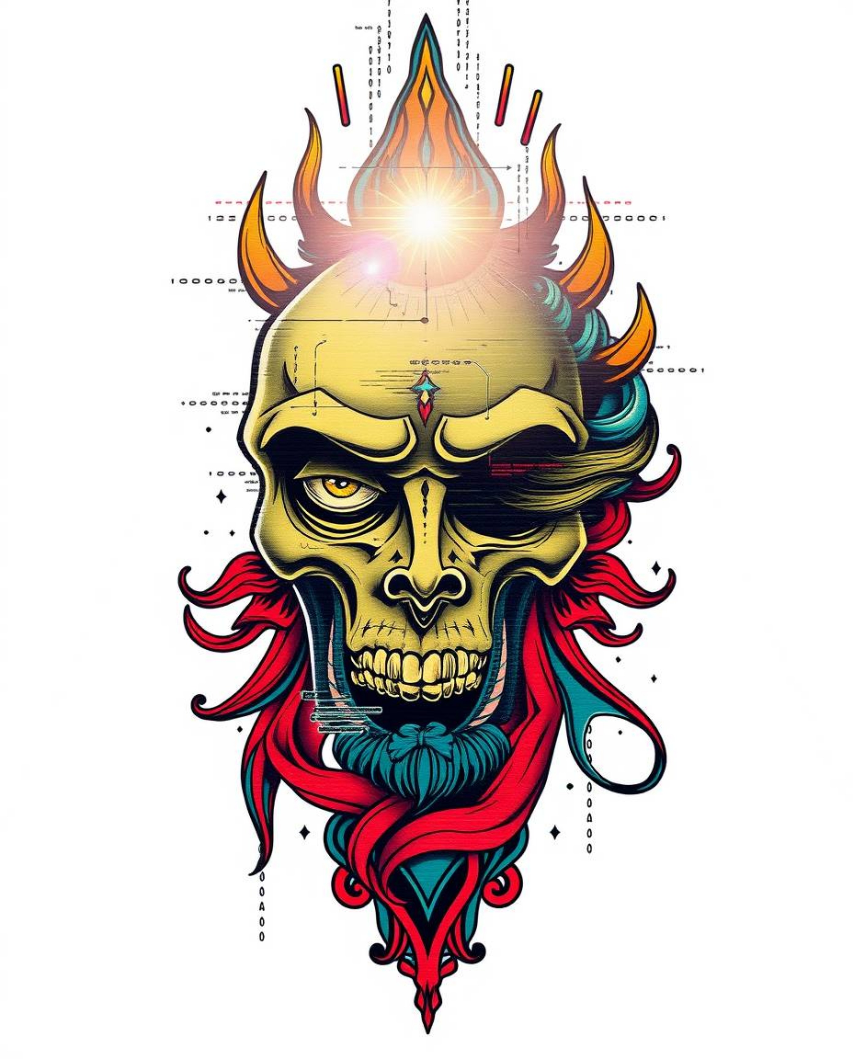 This captivating digital art print features a symbolic traditional tattoo art style, enhanced with a modern twist. A human fa