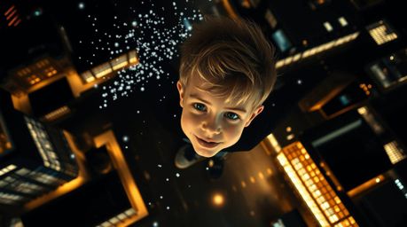 An overhead bird's eye view captures a young boy with spiky blonde hair soaring above London, propelled by white pixie dust. 