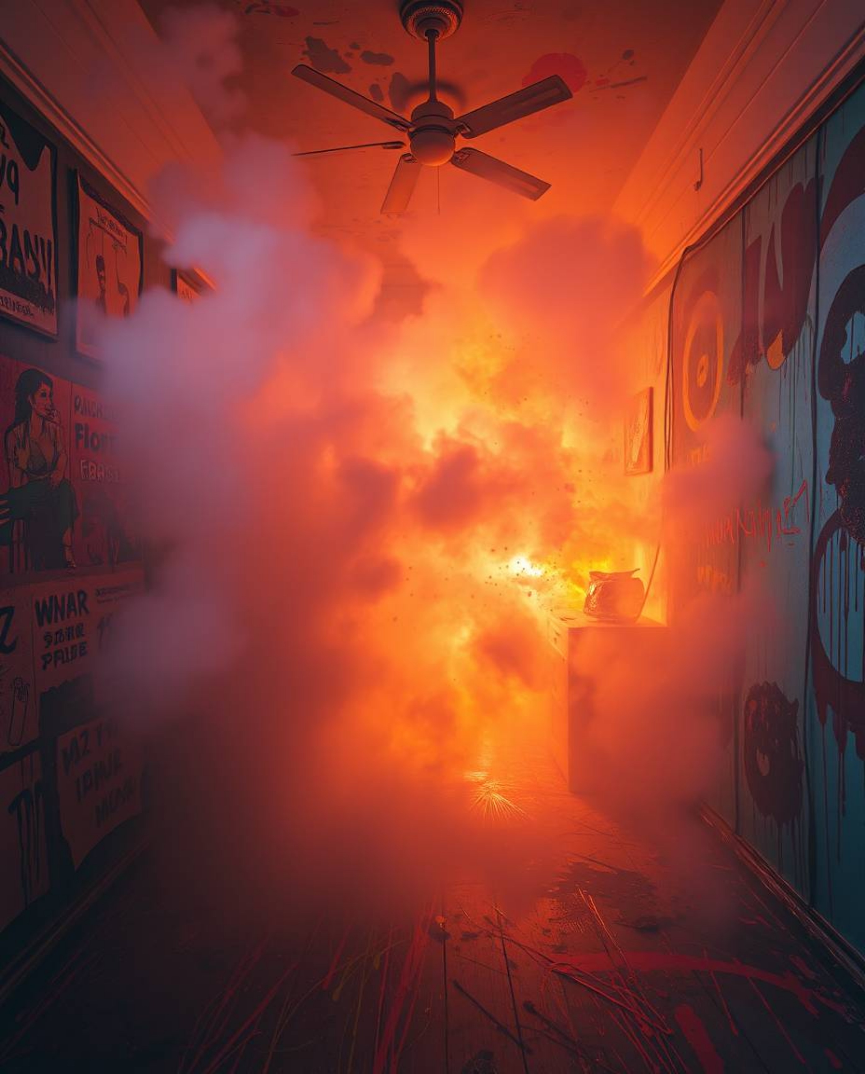A room erupts in a vibrant explosion of paint, with a thick fog partially obscuring the chaotic details. The scene is rendere