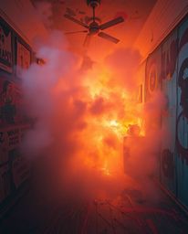 A room erupts in a vibrant explosion of paint, with a thick fog partially obscuring the chaotic details. The scene is rendere
