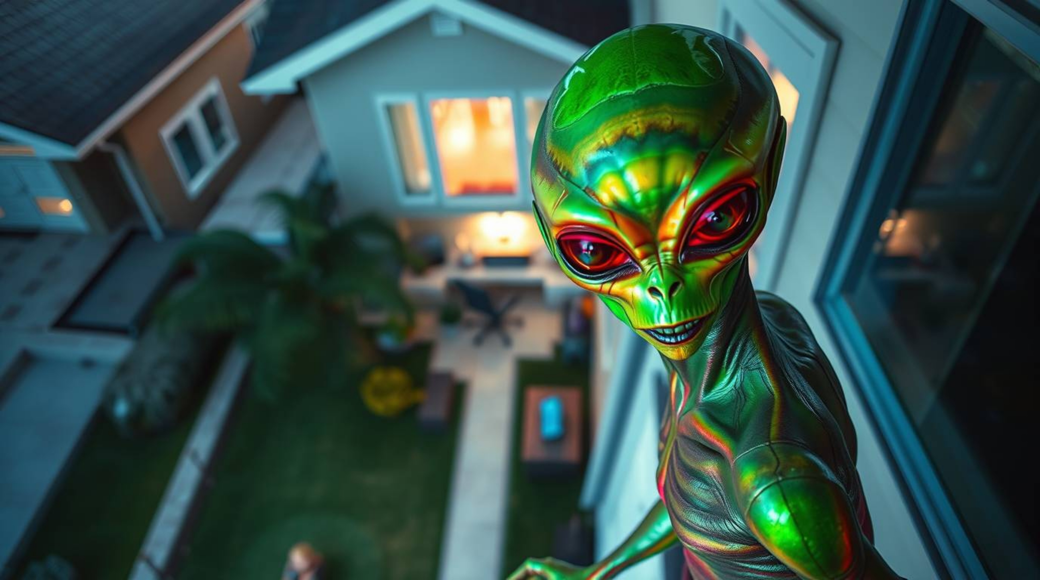 A mesmerizing high-angle shot captures an alien with iridescent skin residing in a typical suburban house, offering an elevat