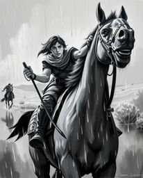 Experience a timeless adventure with a classic black and white oil painting depicting a brave hero embarking on a Disney-styl