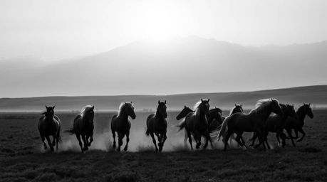 A stunning black and white photograph captures a majestic herd of wild horses running freely beneath a breathtaking glowing s