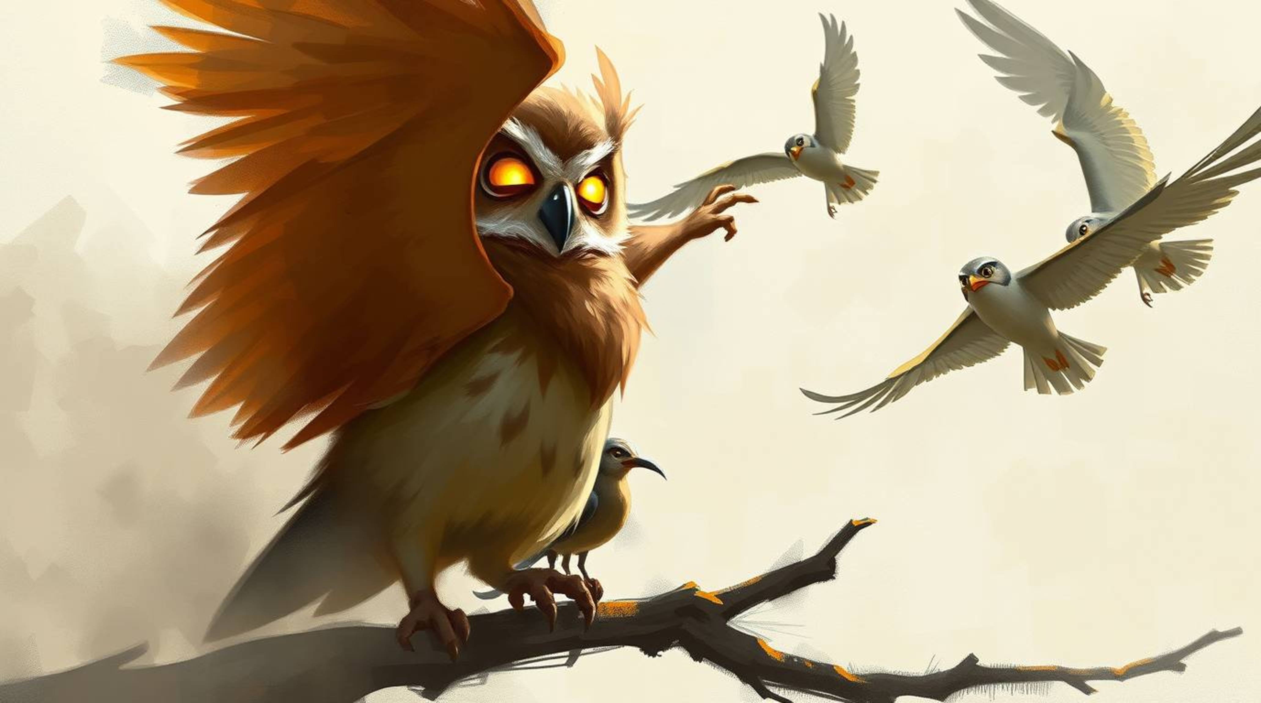 Explore a dynamic digital sketch showcasing a blind owl in a Pixar-inspired style, teaching birds to fly. This artwork featur