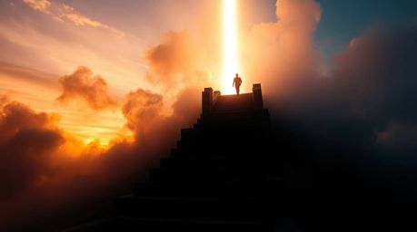 A lone figure ascends a stone staircase towards a divine light beam, enveloped by thick smoke and a vibrant sunset sky. The i