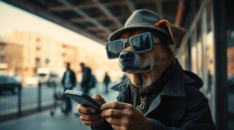 A captivating street photography series featuring a dog detective utilizing high-tech gadgets in urban environments.  The ima