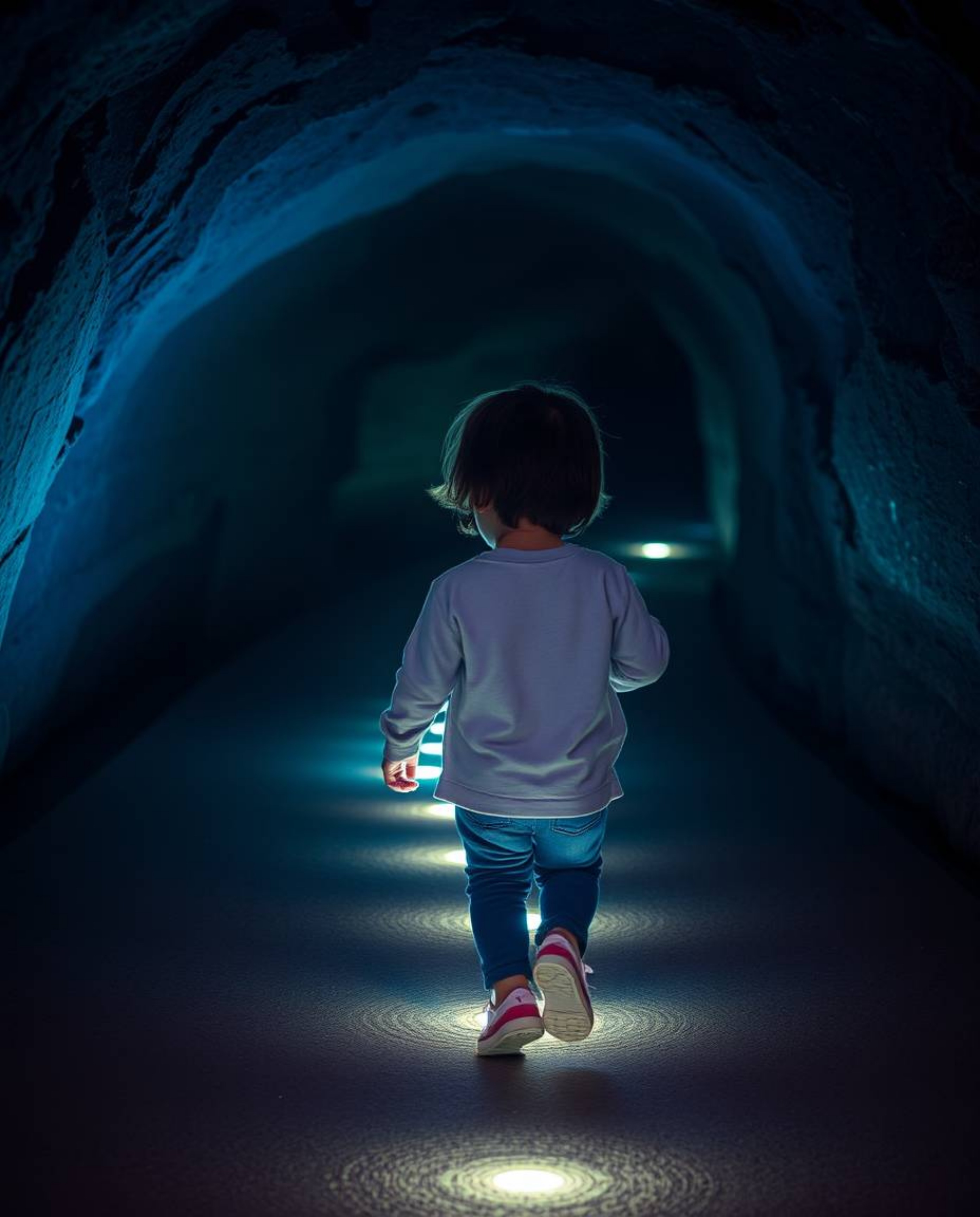 A captivating candid street photography image depicts a child with dark hair venturing into a dark cave, guided by a trail of