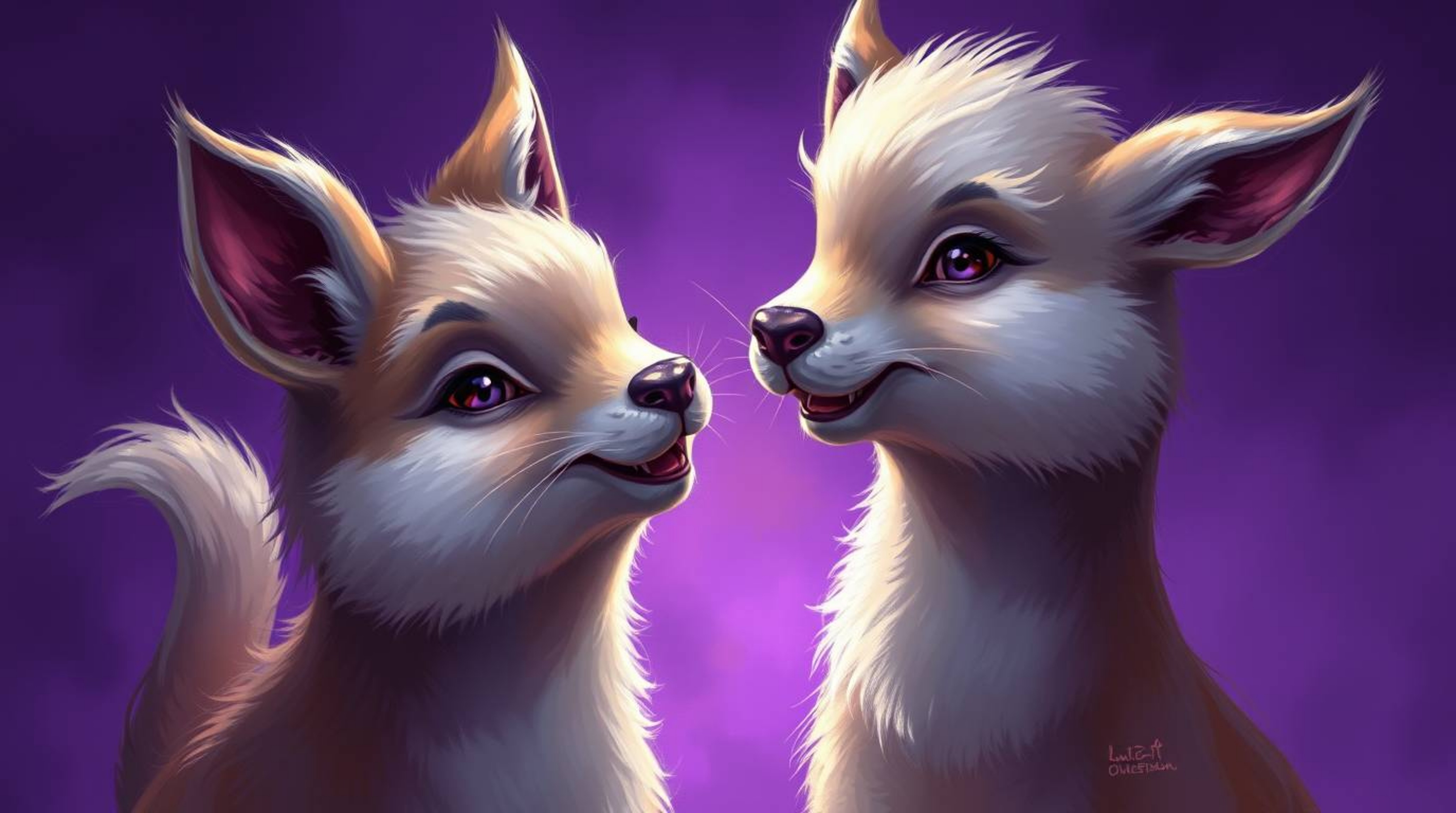 An elegant digital painting showcases two graceful talking animals engaging in playful mischief.  Rendered in deep ultraviole