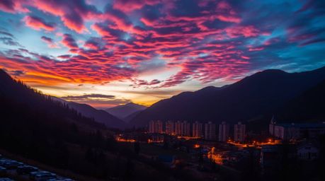 Escape to a charming village nestled in a picturesque valley, bathed in the warm glow of candlelight under a breathtaking, co