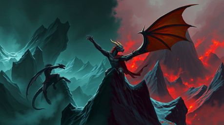 A captivating digital painting depicts a fierce dragon and its determined rider soaring over jagged, ominous icy mountains.  