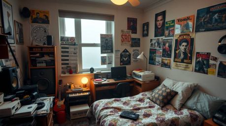 A high-resolution stock photo depicting a messy bedroom filled with strange gadgets and posters. The scene is shrouded in thi