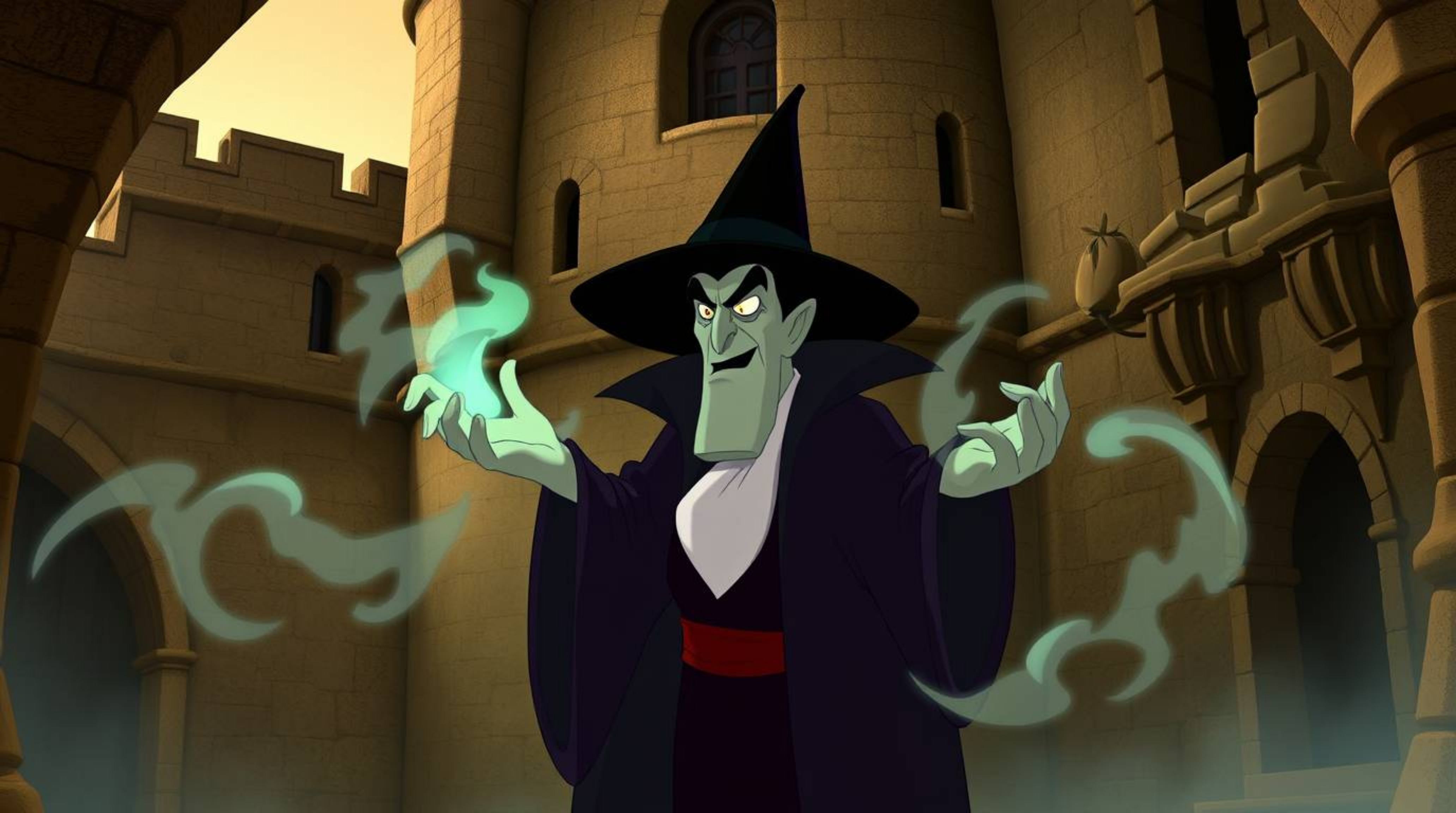 A captivating depiction of a classic Disney villain casting a spell within the aged walls of an old castle.  The artwork is r