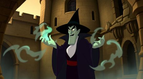 A captivating depiction of a classic Disney villain casting a spell within the aged walls of an old castle.  The artwork is r