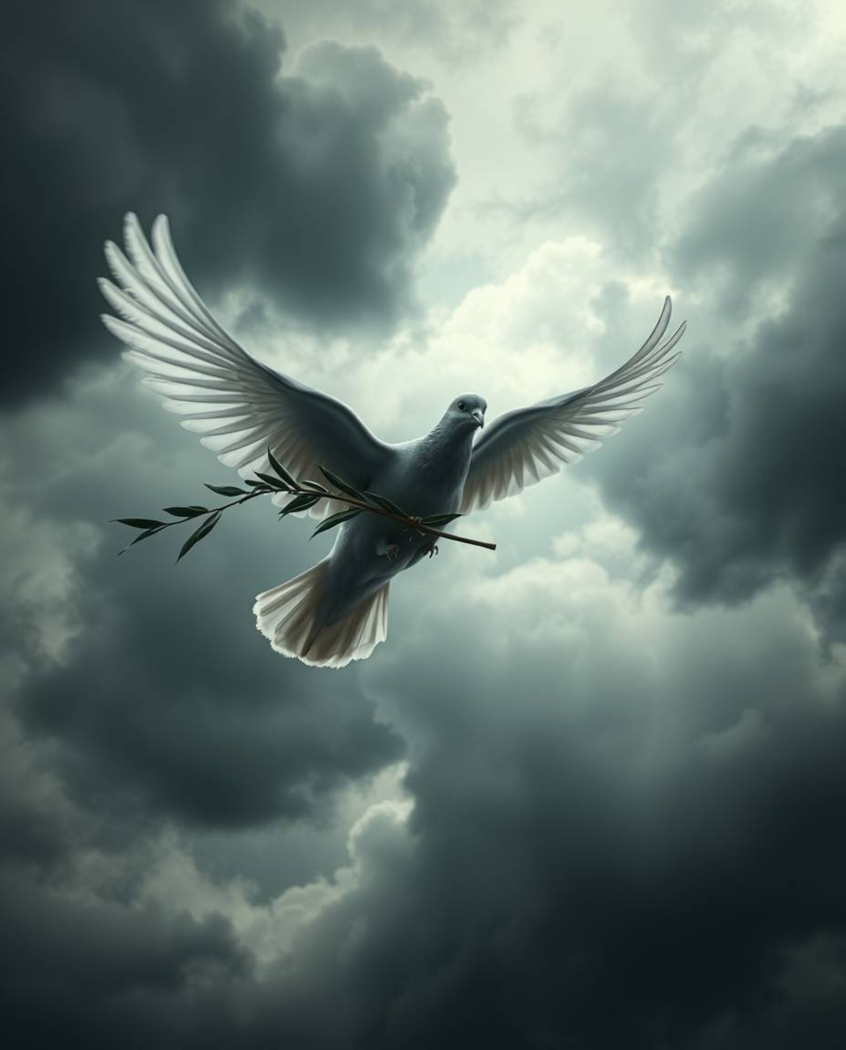 A powerful image of a dove carrying an olive branch soaring through dramatic, stormy skies with an eerie and creepy atmospher