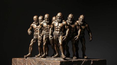 This cast bronze sculpture depicts a team of misfit heroes, brought to life with strong hard light creating direct, harsh sha