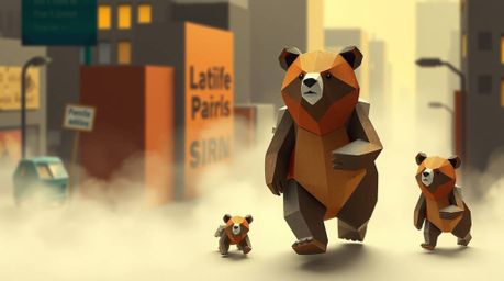 Discover a captivating origami-style illustration depicting a bear family embarking on a whimsical urban adventure.  Rendered