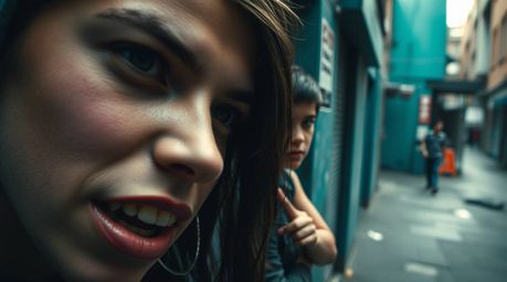 Explore an extreme macro close-up of a grungy city alley teeming with rebellious teens. Bathed in rich, deep teal tones, the 