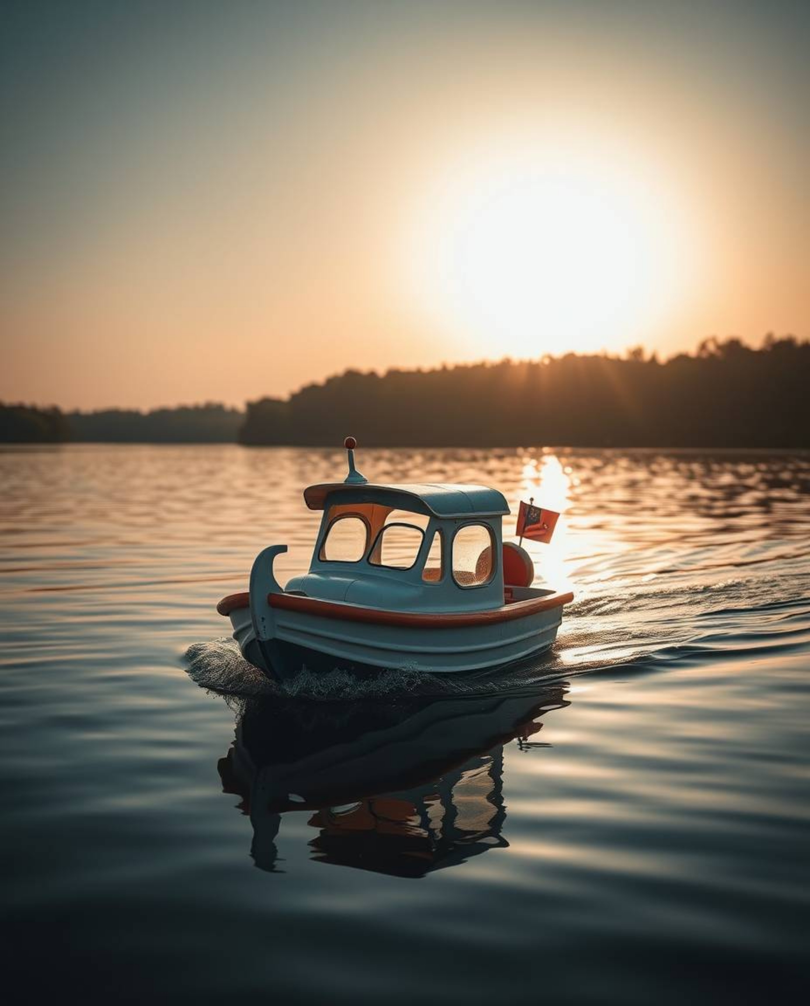 This is a high-contrast image of an adorable, cute boat with charming features, seen adrift on a lake during sunset. The scen