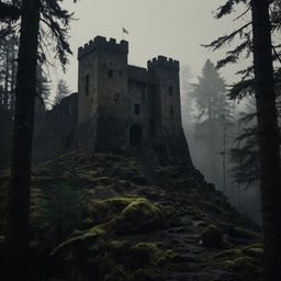 A captivating charcoal sketch depicts an ancient castle shrouded in mystery. Surrounded by a dark and misty forest, the artwo