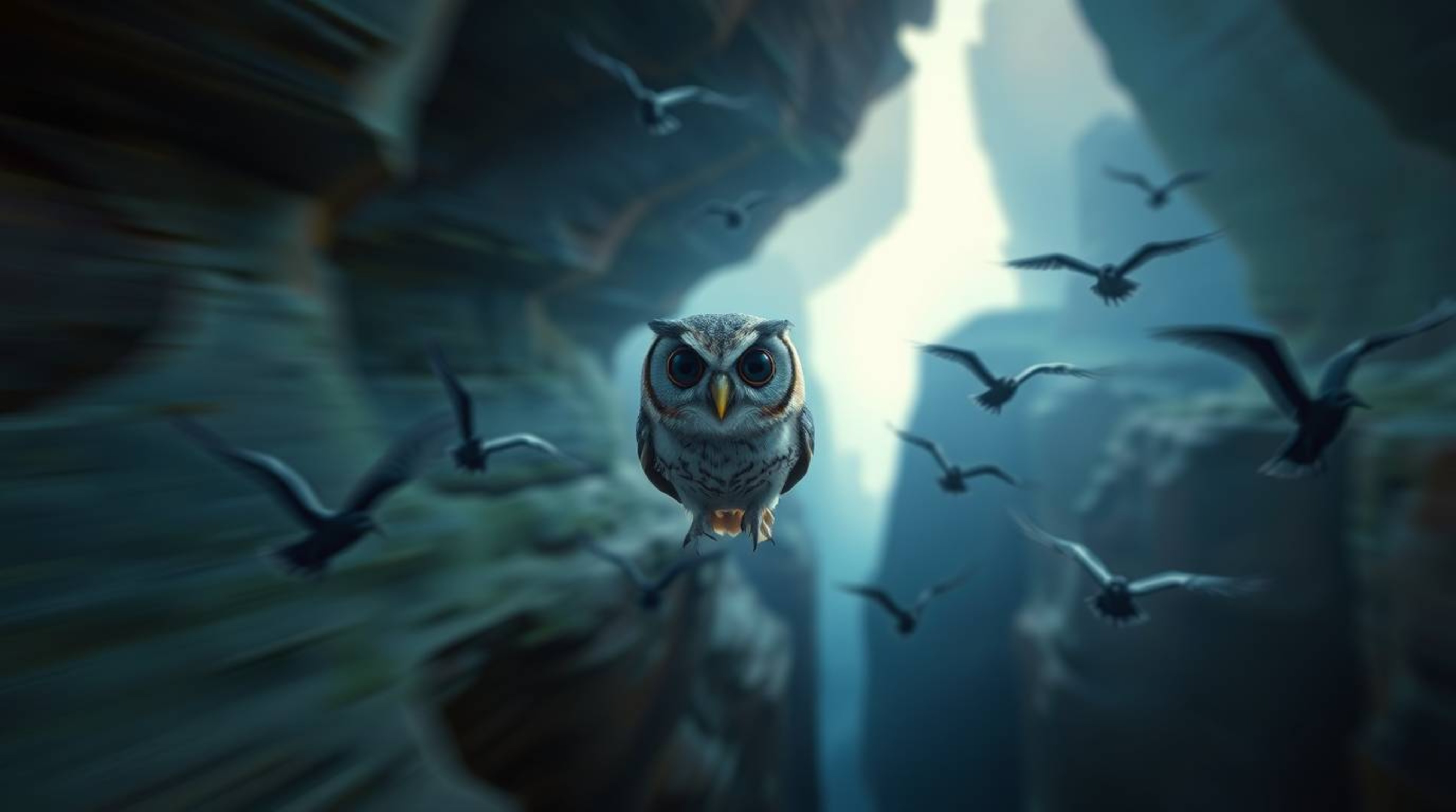 This is a joyful and mystical long-exposure photograph featuring a blind, wise owl rendered in a charming Pixar style. The ow
