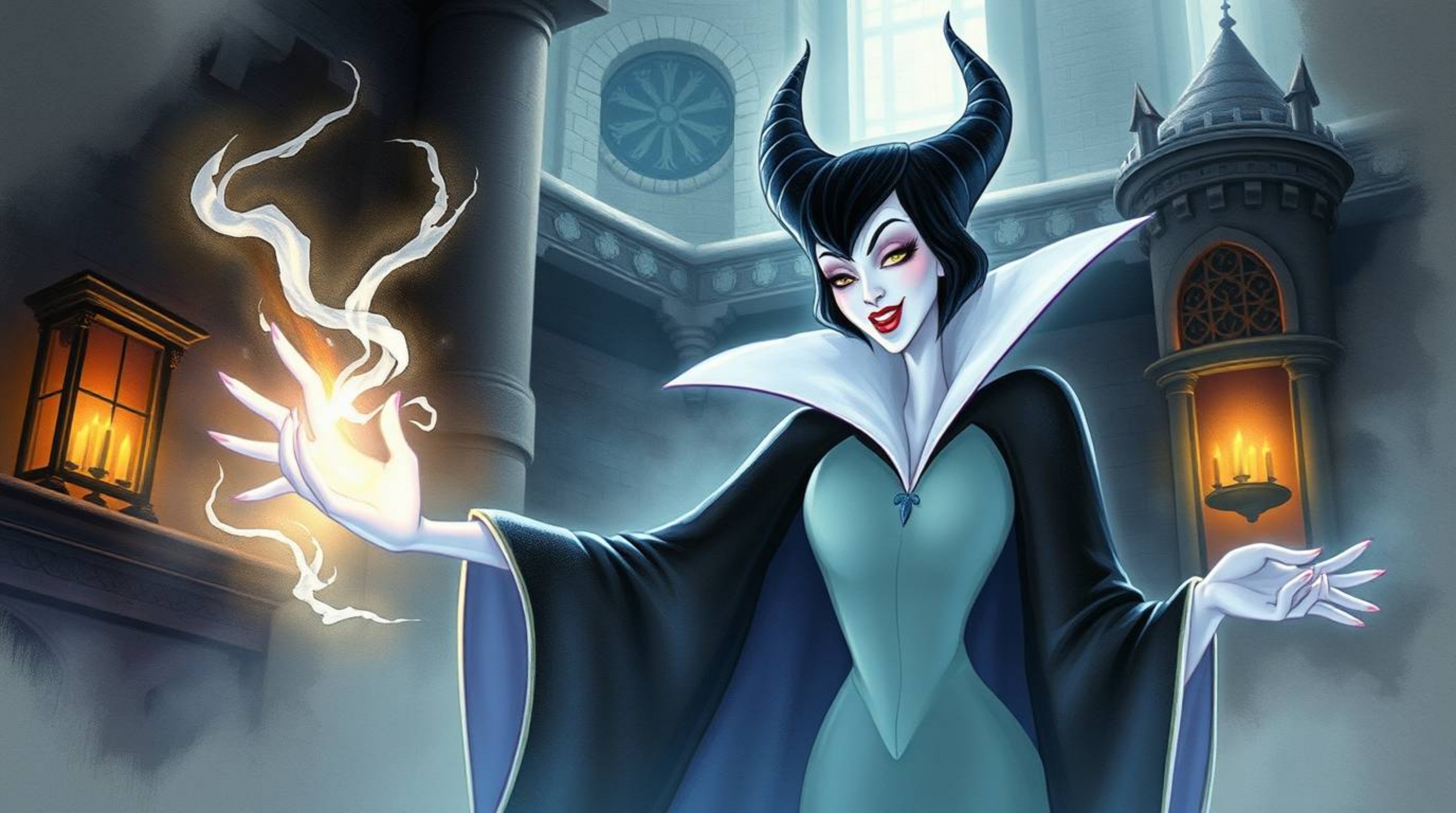 A captivating watercolor illustration of a classic Disney villain casting a spell within an ancient castle. The ethereal glo
