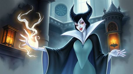 A captivating watercolor illustration of a classic Disney villain casting a spell within an ancient castle.  The ethereal glo