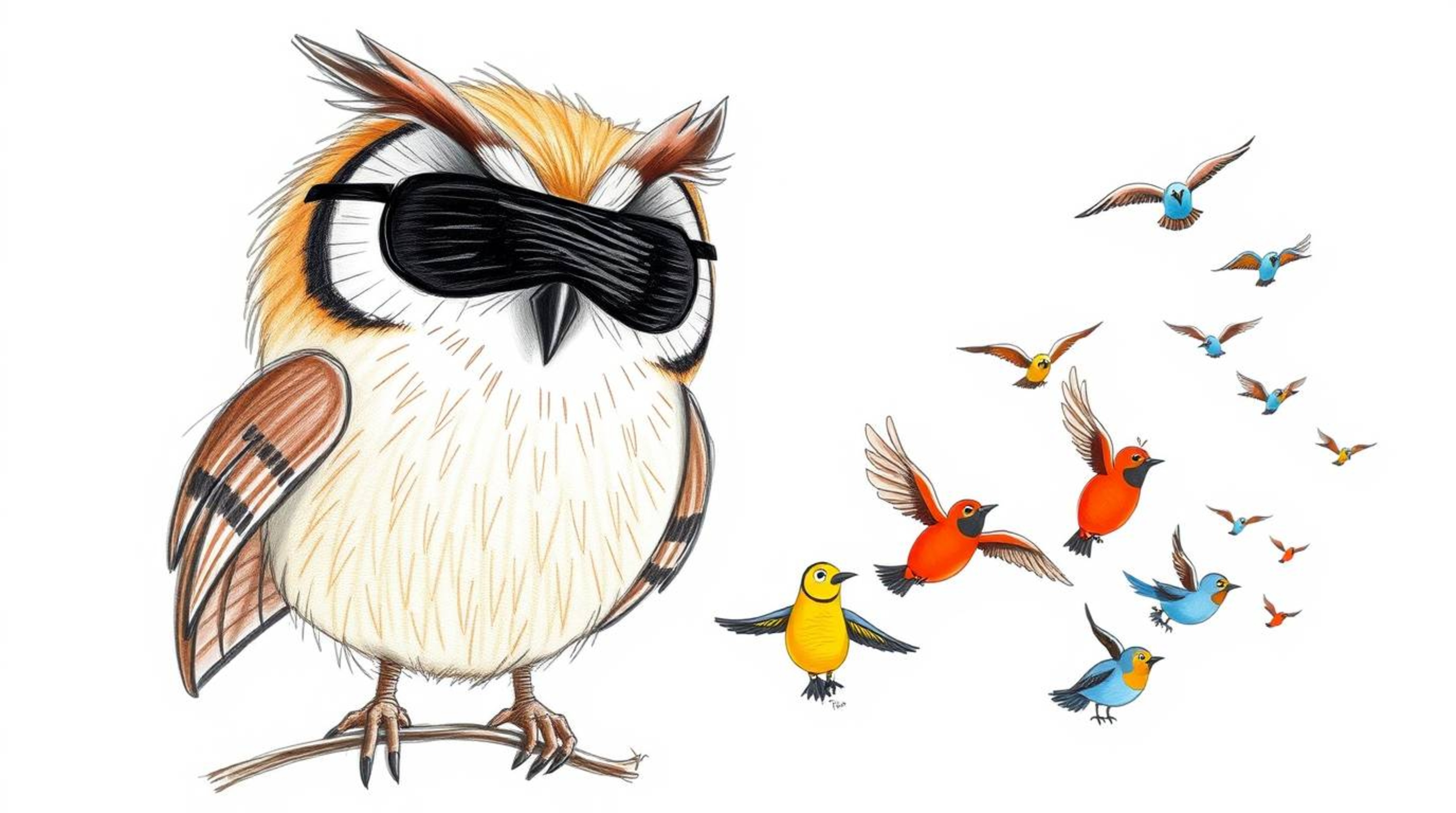 A charming hand-drawn sketch in the style of Pixar depicts a gentle, blind owl with soft, textured pencil strokes leading a v