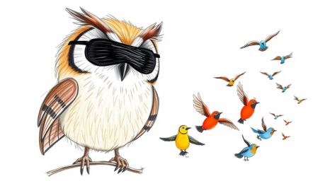 A charming hand-drawn sketch in the style of Pixar depicts a gentle, blind owl with soft, textured pencil strokes leading a v