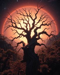 A futuristic sci-fi illustration depicting a high-angle view of a sunset behind an old oak tree with twisted branches. The sc