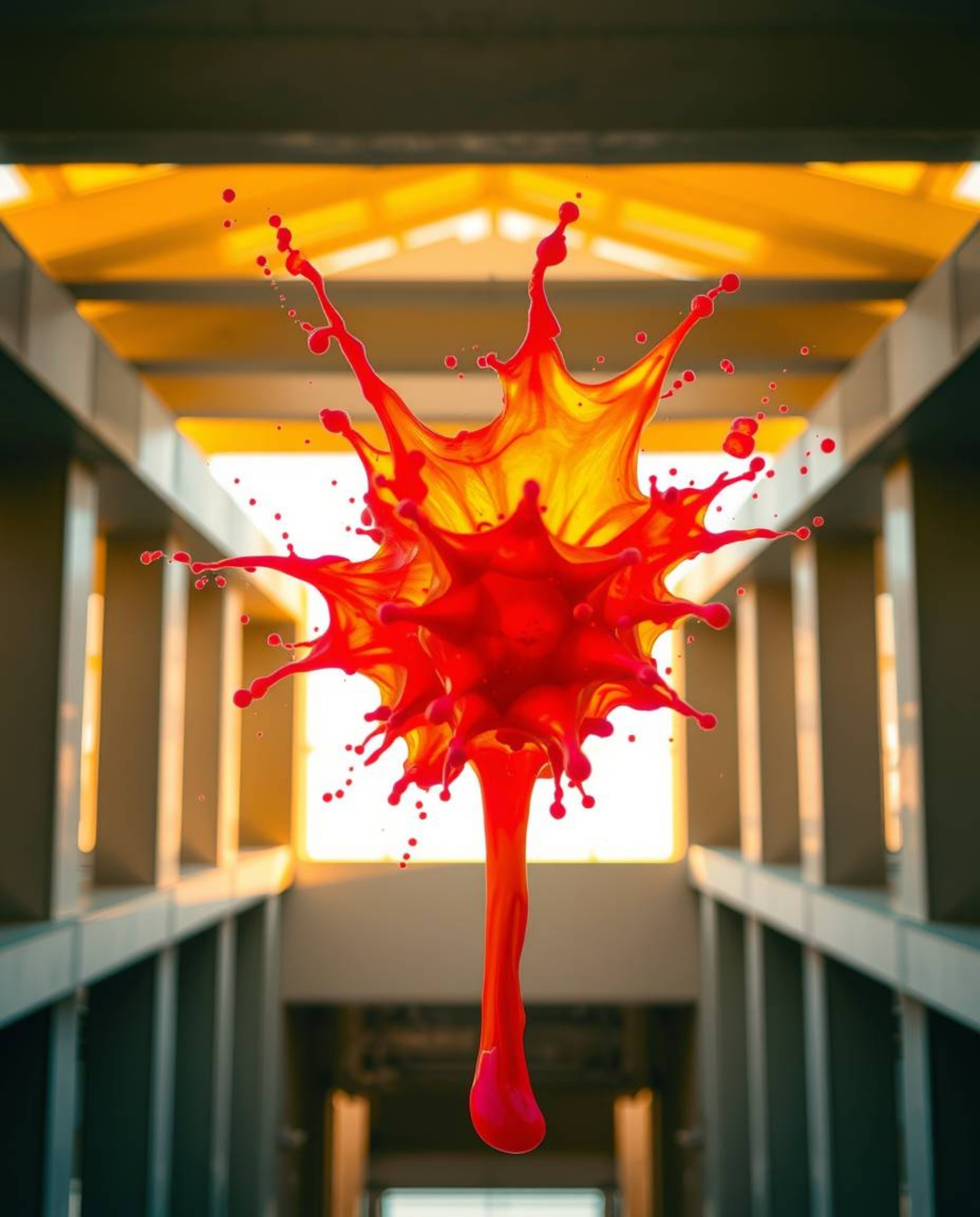 Explore stunning architectural photography capturing a bright and vibrant paint splash frozen in mid-air. This high-speed pho