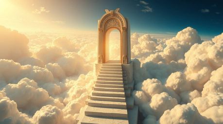 A captivating digital painting in the style of fantasy realism depicts a heavenly gate suspended above a sea of clouds.  Stai