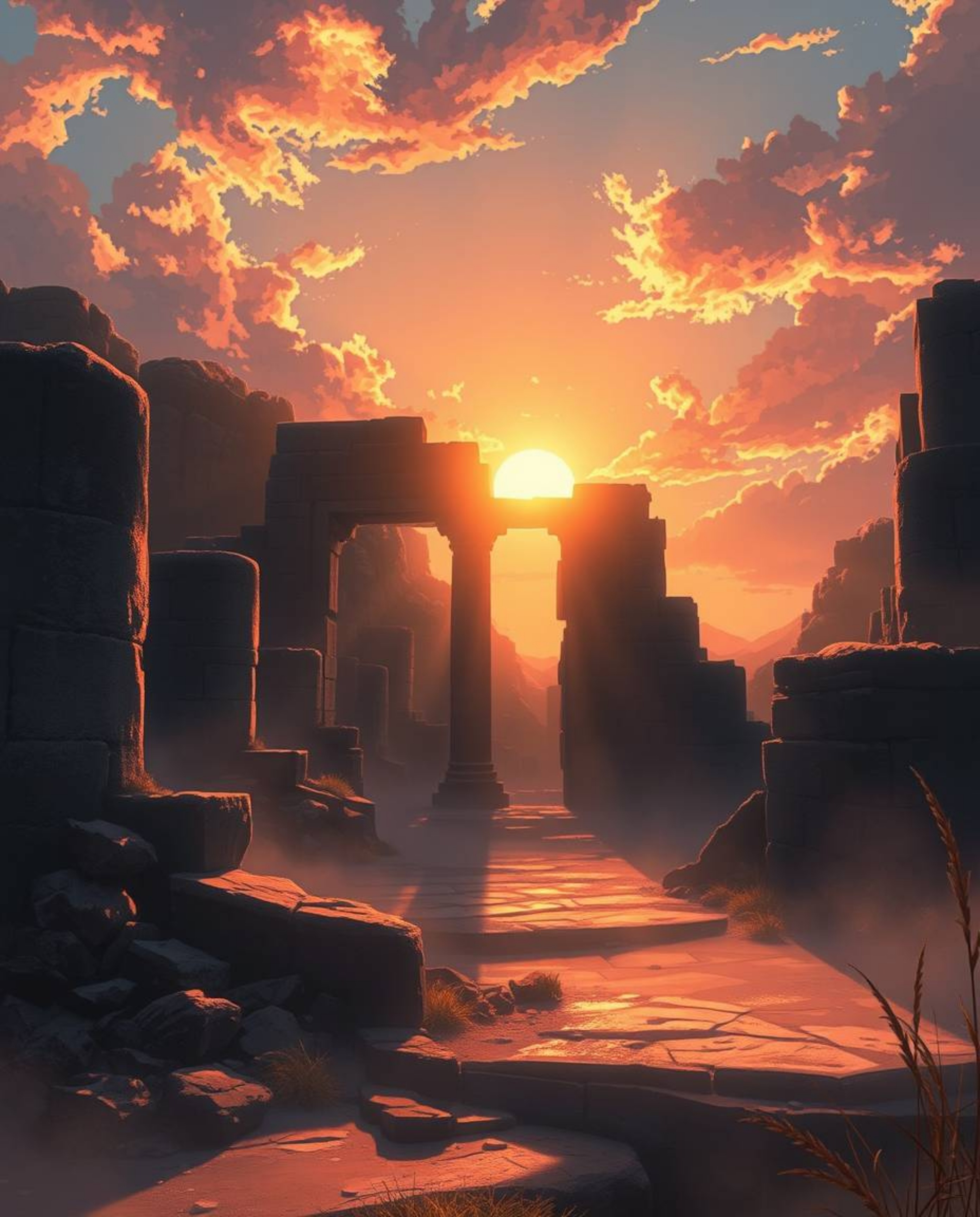 An Isekai anime-style digital painting depicts a sunset casting shadows through ancient stone ruins. The artwork is character