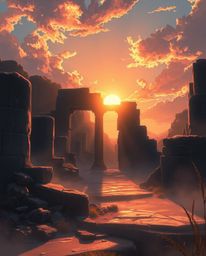 An Isekai anime-style digital painting depicts a sunset casting shadows through ancient stone ruins. The artwork is character