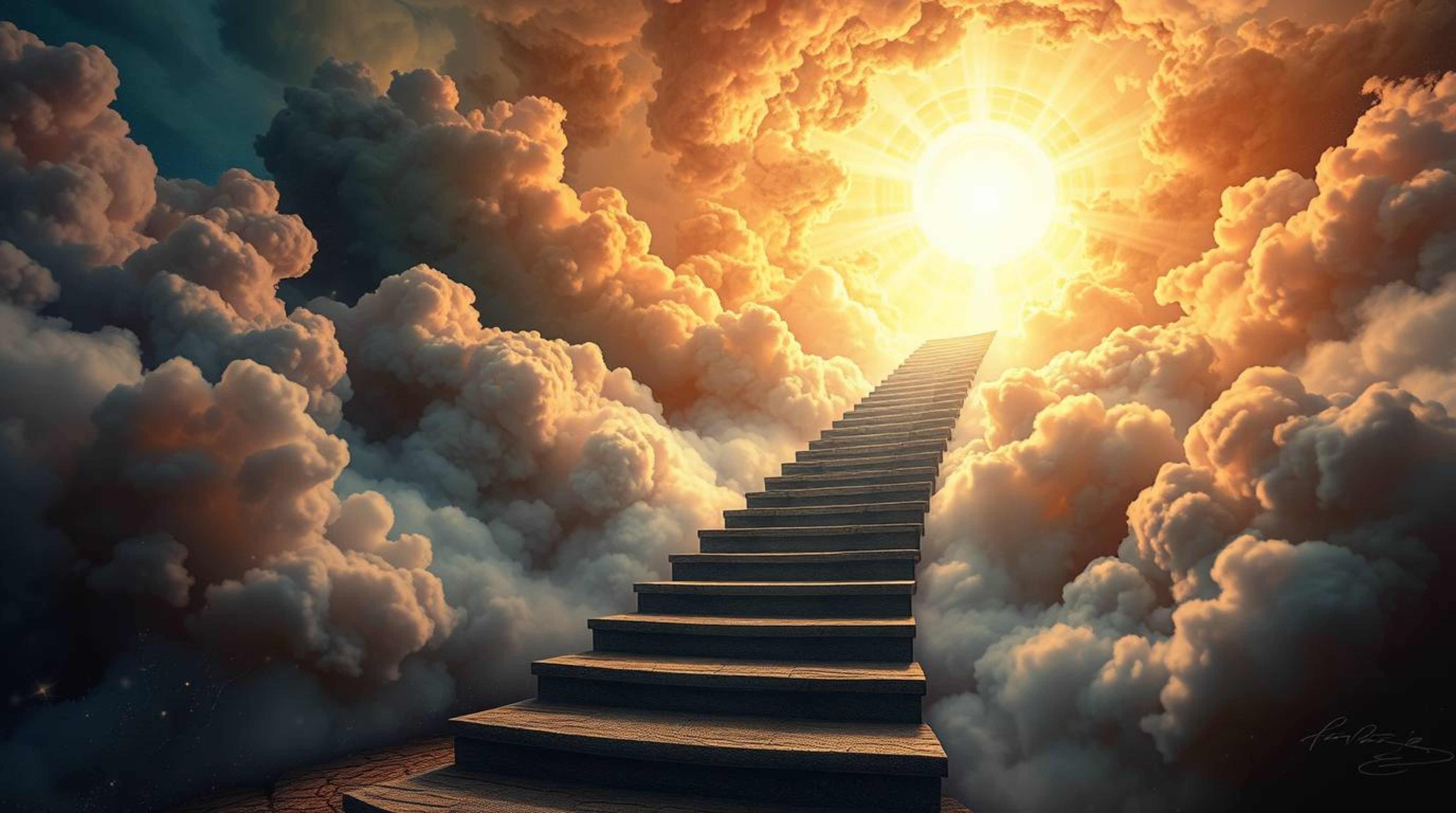 Experience a dreamlike journey with this surreal artwork depicting a stairway suspended amidst smoky clouds, leading towards 