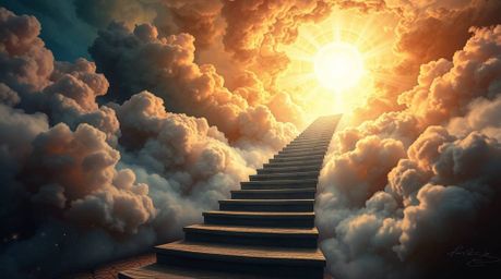 Experience a dreamlike journey with this surreal artwork depicting a stairway suspended amidst smoky clouds, leading towards 