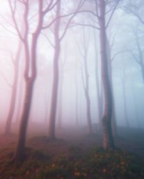 A dreamy, surreal landscape unfolds where a soft pastel forest encounters a digital glitch effect.  The result is a captivati