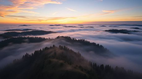 Capture the serene beauty of fog-covered hills bathed in the warm glow of sunset with this stunning overhead image. This bird