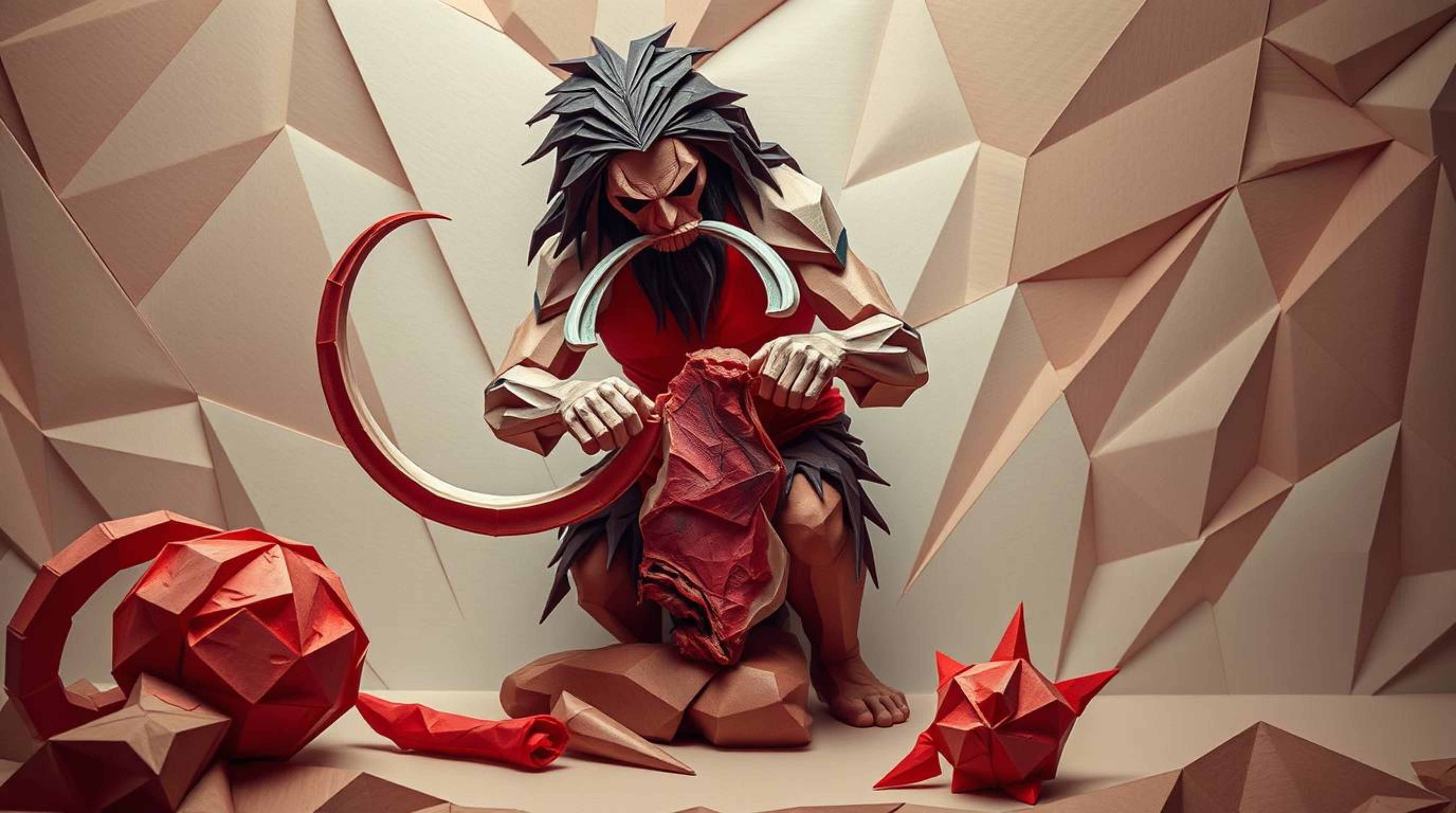 An origami-style depiction of a caveman meticulously preparing mammoth meat, rendered in vibrant contrasting colors that crea